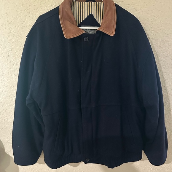 Lord & Taylor Other - 90s Lord & Taylor Mens MD Navy Wool Coat Bomber Jacket Leather Collar